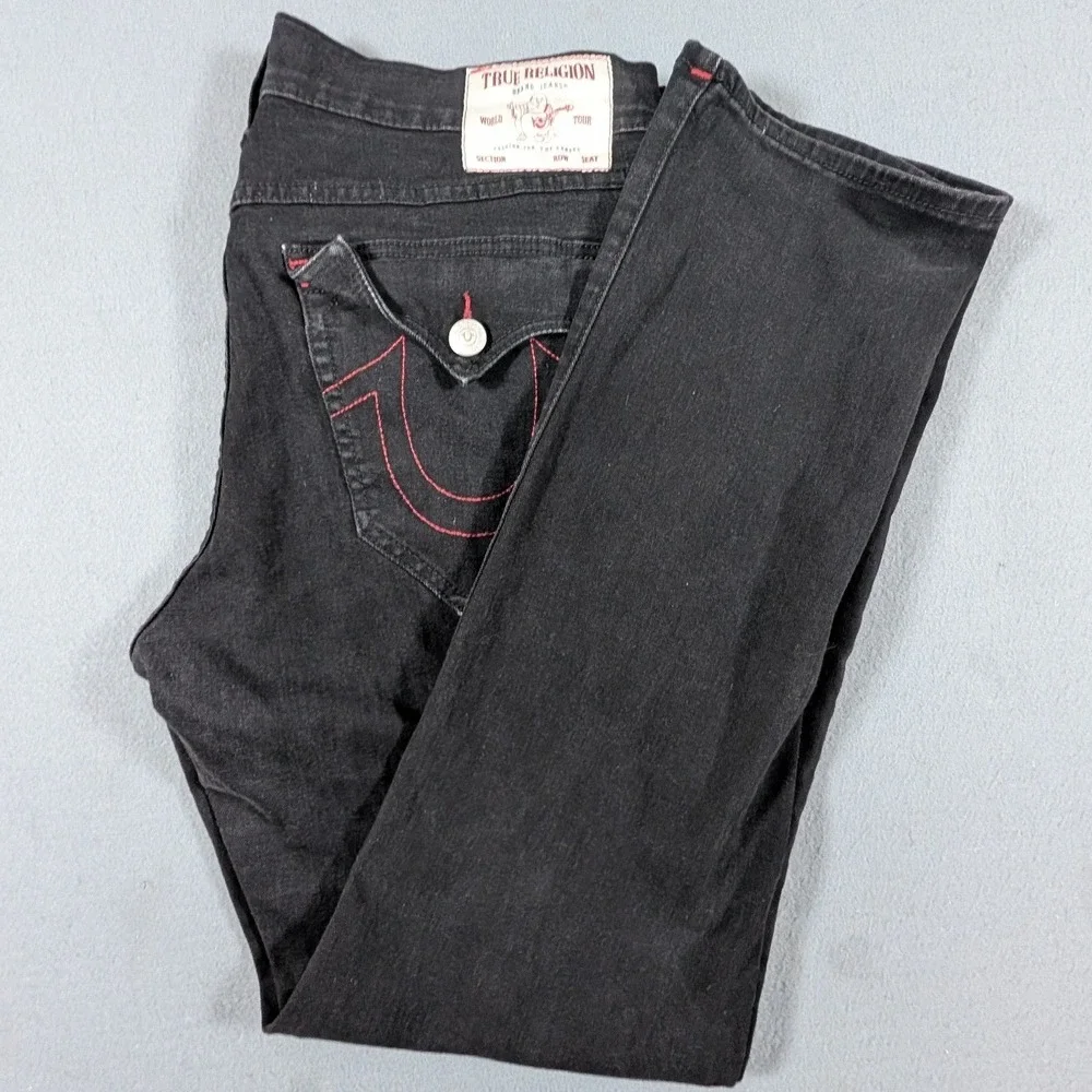 True Religion Ricky Relaxed Straight Jeans Mens 36 Black Red Stitch Denim